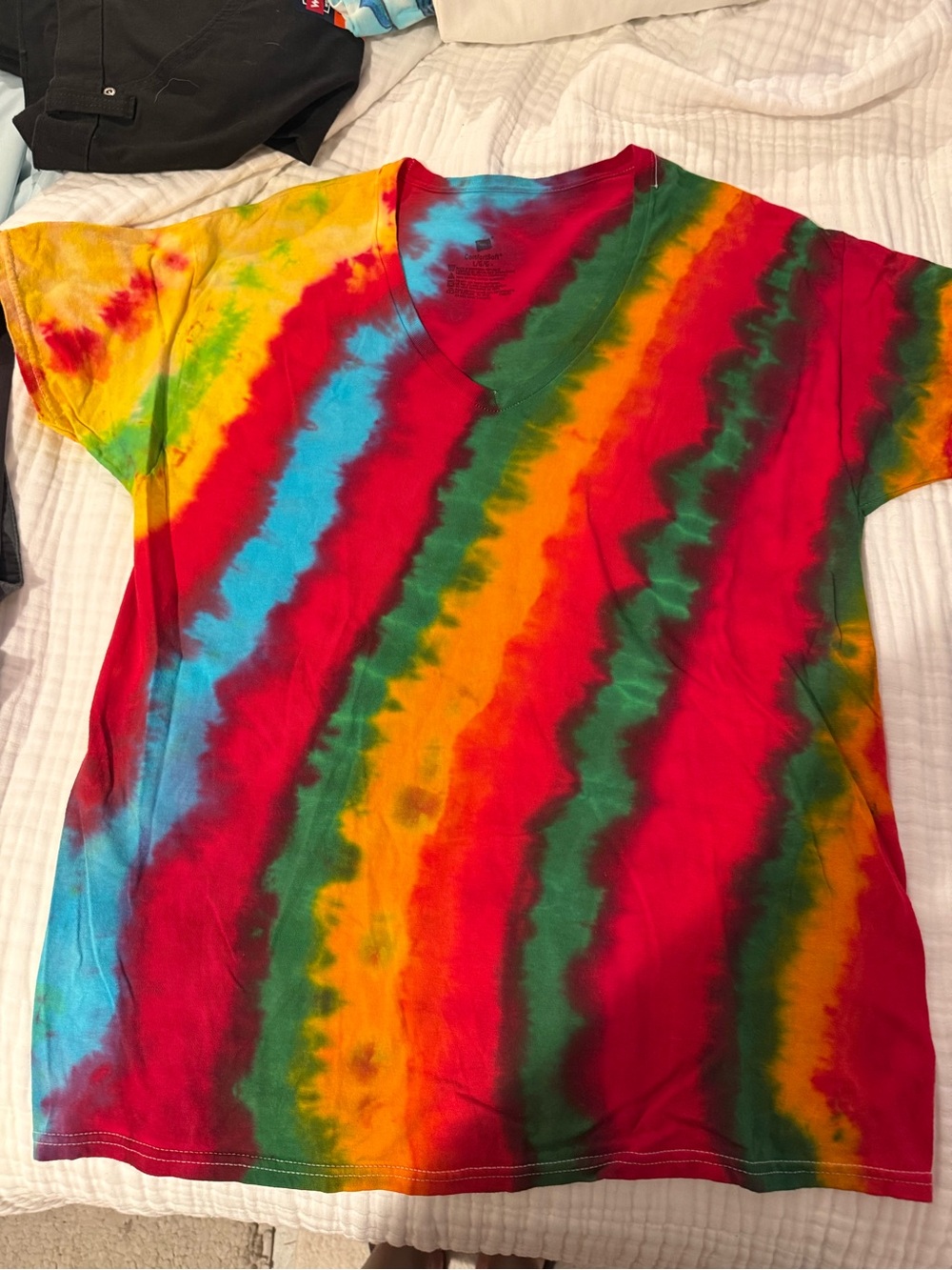 Tie-Dye V-Neck Tee in Red, Yellow, Green & Blue